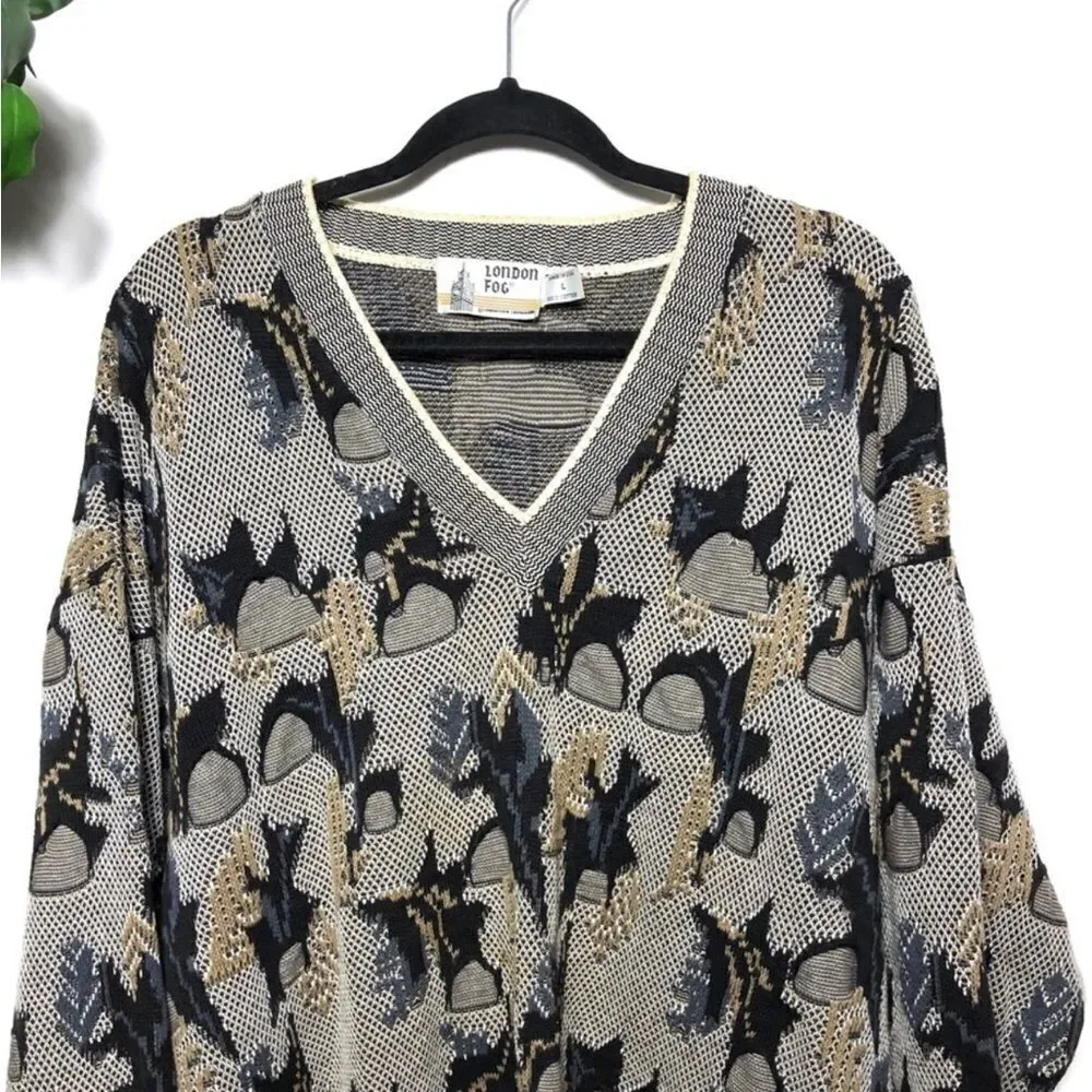 Vintage London Fog Sweater Textured Men’s V-Neck Knit Cosby 90’ 3D Hip Hop XL